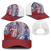 Hawaiian Manta Ray and Hammerhead Shark Tribal Tattoo Mesh Trucker Cap with Polynesian Tribal Pattern Hawaii Flag Color