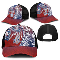 Hawaiian Manta Ray and Hammerhead Shark Tribal Tattoo Mesh Trucker Cap with Polynesian Tribal Pattern Hawaii Flag Color