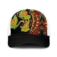 Hawaiian Manta Ray and Hammerhead Shark Tribal Tattoo Baseball Net Cap with Polynesian Tribal Pattern Kanaka Maoli Flag Color