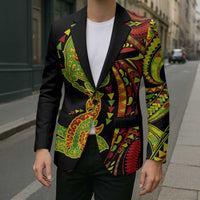Hawaiian Manta Ray and Hammerhead Shark Tribal Tattoo Blazer with Polynesian Tribal Pattern Kanaka Maoli Flag Color