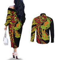 Hawaiian Manta Ray and Hammerhead Shark Tribal Tattoo Couples Matching Off The Shoulder Long Sleeve Dress and Long Sleeve Button Shirt with Polynesian Tribal Pattern Kanaka Maoli Flag Color