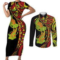 Hawaiian Manta Ray and Hammerhead Shark Tribal Tattoo Couples Matching Short Sleeve Bodycon Dress and Long Sleeve Button Shirt with Polynesian Tribal Pattern Kanaka Maoli Flag Color