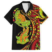 Hawaiian Manta Ray and Hammerhead Shark Tribal Tattoo Family Matching Long Sleeve Bodycon Dress and Hawaiian Shirt with Polynesian Tribal Pattern Kanaka Maoli Flag Color LT03 Dad's Shirt - Short Sleeve Multicolor - Polynesian Pride