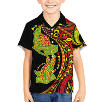 Hawaiian Manta Ray and Hammerhead Shark Tribal Tattoo Family Matching Off Shoulder Maxi Dress and Hawaiian Shirt with Polynesian Tribal Pattern Kanaka Maoli Flag Color LT03 Son's Shirt Multicolor - Polynesian Pride