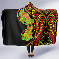 Hawaiian Manta Ray and Hammerhead Shark Tribal Tattoo Hooded Blanket with Polynesian Tribal Pattern Kanaka Maoli Flag Color