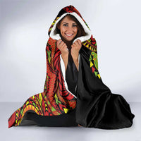 Hawaiian Manta Ray and Hammerhead Shark Tribal Tattoo Hooded Blanket with Polynesian Tribal Pattern Kanaka Maoli Flag Color