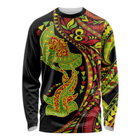 Hawaiian Manta Ray and Hammerhead Shark Tribal Tattoo Long Sleeve Shirt with Polynesian Tribal Pattern Kanaka Maoli Flag Color