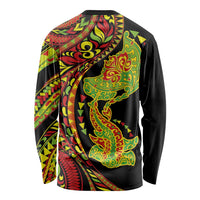 Hawaiian Manta Ray and Hammerhead Shark Tribal Tattoo Long Sleeve Shirt with Polynesian Tribal Pattern Kanaka Maoli Flag Color