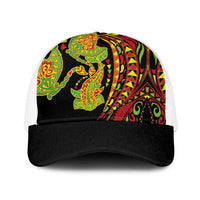 Hawaiian Manta Ray and Hammerhead Shark Tribal Tattoo Mesh Trucker Cap with Polynesian Tribal Pattern Kanaka Maoli Flag Color