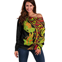 Hawaiian Manta Ray and Hammerhead Shark Tribal Tattoo Off Shoulder Sweater with Polynesian Tribal Pattern Kanaka Maoli Flag Color