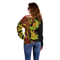 Hawaiian Manta Ray and Hammerhead Shark Tribal Tattoo Off Shoulder Sweater with Polynesian Tribal Pattern Kanaka Maoli Flag Color