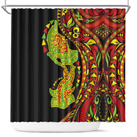 Hawaiian Manta Ray and Hammerhead Shark Tribal Tattoo Shower Curtain with Polynesian Tribal Pattern Kanaka Maoli Flag Color