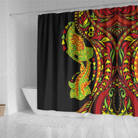 Hawaiian Manta Ray and Hammerhead Shark Tribal Tattoo Shower Curtain with Polynesian Tribal Pattern Kanaka Maoli Flag Color