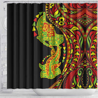 Hawaiian Manta Ray and Hammerhead Shark Tribal Tattoo Shower Curtain with Polynesian Tribal Pattern Kanaka Maoli Flag Color