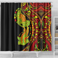 Hawaiian Manta Ray and Hammerhead Shark Tribal Tattoo Shower Curtain with Polynesian Tribal Pattern Kanaka Maoli Flag Color