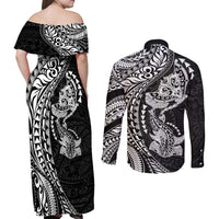 Hawaiian Manta Ray and Hammerhead Shark Tribal Tattoo Couples Matching Off Shoulder Maxi Dress and Long Sleeve Button Shirt with Polynesian Tribal Pattern Black-White Color