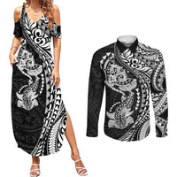 Hawaiian Manta Ray and Hammerhead Shark Tribal Tattoo Couples Matching Summer Maxi Dress and Long Sleeve Button Shirt with Polynesian Tribal Pattern Black-White Color
