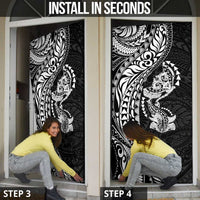 Hawaiian Manta Ray and Hammerhead Shark Tribal Tattoo Door Cover with Polynesian Tribal Pattern Black-White Color