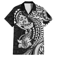Hawaiian Manta Ray and Hammerhead Shark Tribal Tattoo Family Matching Long Sleeve Bodycon Dress and Hawaiian Shirt with Polynesian Tribal Pattern Black-White Color LT03 Dad's Shirt - Short Sleeve Multicolor - Polynesian Pride