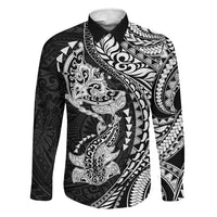 Hawaiian Manta Ray and Hammerhead Shark Tribal Tattoo Family Matching Summer Maxi Dress and Hawaiian Shirt with Polynesian Tribal Pattern Black-White Color LT03 Dad's Shirt - Long Sleeve Multicolor - Polynesian Pride