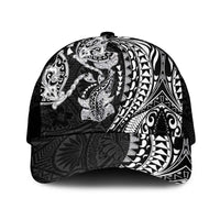 Hawaiian Manta Ray and Hammerhead Shark Tribal Tattoo Mesh Trucker Cap with Polynesian Tribal Pattern Black-White Color