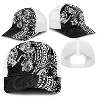 Hawaiian Manta Ray and Hammerhead Shark Tribal Tattoo Mesh Trucker Cap with Polynesian Tribal Pattern Black-White Color