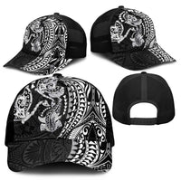 Hawaiian Manta Ray and Hammerhead Shark Tribal Tattoo Mesh Trucker Cap with Polynesian Tribal Pattern Black-White Color