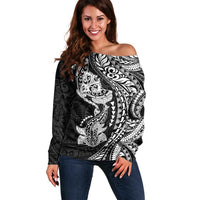Hawaiian Manta Ray and Hammerhead Shark Tribal Tattoo Off Shoulder Sweater with Polynesian Tribal Pattern Black-White Color