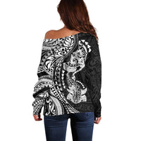 Hawaiian Manta Ray and Hammerhead Shark Tribal Tattoo Off Shoulder Sweater with Polynesian Tribal Pattern Black-White Color
