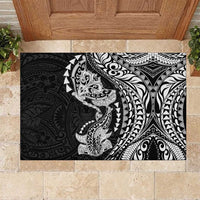 Hawaiian Manta Ray and Hammerhead Shark Tribal Tattoo Rubber Doormat with Polynesian Tribal Pattern Black-White Color