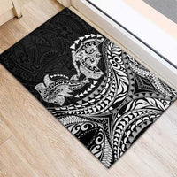 Hawaiian Manta Ray and Hammerhead Shark Tribal Tattoo Rubber Doormat with Polynesian Tribal Pattern Black-White Color