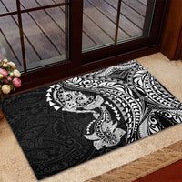 Hawaiian Manta Ray and Hammerhead Shark Tribal Tattoo Rubber Doormat with Polynesian Tribal Pattern Black-White Color