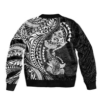 Hawaiian Manta Ray and Hammerhead Shark Tribal Tattoo Sleeve Zip Bomber Jacket with Polynesian Tribal Pattern Black-White Color