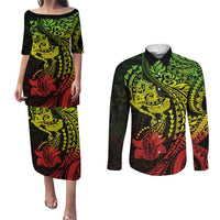 Hawaiian Manta Ray and Hammerhead Shark Tribal Tattoo Couples Matching Puletasi and Long Sleeve Button Shirt with Polynesian Tribal Pattern Reggae Style
