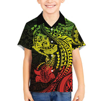 Hawaiian Manta Ray and Hammerhead Shark Tribal Tattoo Family Matching Off Shoulder Short Dress and Hawaiian Shirt with Polynesian Tribal Pattern Reggae Style LT03 Son's Shirt Multicolor - Polynesian Pride