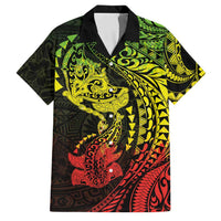 Hawaiian Manta Ray and Hammerhead Shark Tribal Tattoo Family Matching Puletasi and Hawaiian Shirt with Polynesian Tribal Pattern Reggae Style LT03 Dad's Shirt - Short Sleeve Multicolor - Polynesian Pride