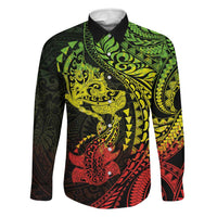 Hawaiian Manta Ray and Hammerhead Shark Tribal Tattoo Family Matching Summer Maxi Dress and Hawaiian Shirt with Polynesian Tribal Pattern Reggae Style LT03 Dad's Shirt - Long Sleeve Multicolor - Polynesian Pride