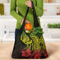 Hawaiian Manta Ray and Hammerhead Shark Tribal Tattoo Grocery Bag with Polynesian Tribal Pattern Reggae Style