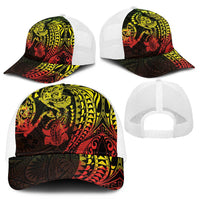 Hawaiian Manta Ray and Hammerhead Shark Tribal Tattoo Mesh Trucker Cap with Polynesian Tribal Pattern Reggae Style