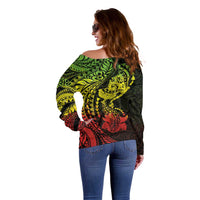 Hawaiian Manta Ray and Hammerhead Shark Tribal Tattoo Off Shoulder Sweater with Polynesian Tribal Pattern Reggae Style LT03 - Polynesian Pride