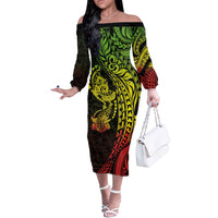 Hawaiian Manta Ray and Hammerhead Shark Tribal Tattoo Off The Shoulder Long Sleeve Dress with Polynesian Tribal Pattern Reggae Style