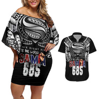 Super Samoa-Six Eight Five to The World Couples Matching Off Shoulder Short Dress and Hawaiian Shirt Traditional Samoan Tattoo Black Color