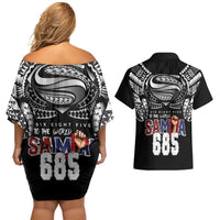 Super Samoa-Six Eight Five to The World Couples Matching Off Shoulder Short Dress and Hawaiian Shirt Traditional Samoan Tattoo Black Color