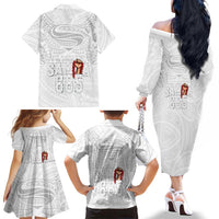 Super Samoa-Six Eight Five to The World Family Matching Off The Shoulder Long Sleeve Dress and Hawaiian Shirt Traditional Samoan Tattoo All White