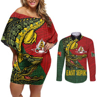 Sepik River Crocodile & Arts Festival Melanesian Pattern Couples Matching Off Shoulder Short Dress and Long Sleeve Button Shirt
