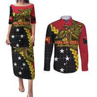 Papua New Guinea Independence Day Couples Matching Puletasi and Long Sleeve Button Shirt Bird-of-paradise Melanesian Tattoo