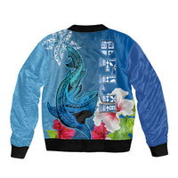 Polynesian Fiji Bomber Jacket Shark and Hibiscus Tapa Pattern Blue Version LT03 - Polynesian Pride