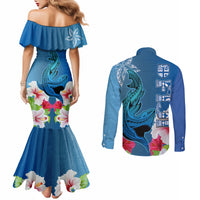 Polynesian Fiji Couples Matching Mermaid Dress and Long Sleeve Button Shirts Shark and Hibiscus Tapa Pattern Blue Version LT03 - Polynesian Pride