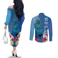 Polynesian Fiji Couples Matching Off The Shoulder Long Sleeve Dress and Long Sleeve Button Shirts Shark and Hibiscus Tapa Pattern Blue Version LT03 - Polynesian Pride