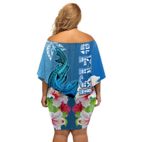 Polynesian Fiji Off Shoulder Short Dress Shark and Hibiscus Tapa Pattern Blue Version LT03 - Polynesian Pride